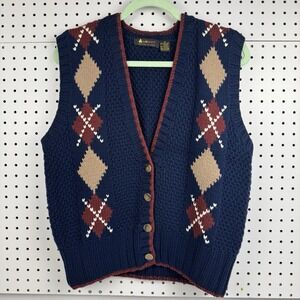 Vtg 90s Lizsport Hand Knit Argyle Sweater Vest Blue Tan Burgundy Cotton M